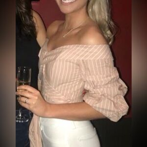 ASTR The Label pink & white Striped Off-Shoulder Blouse